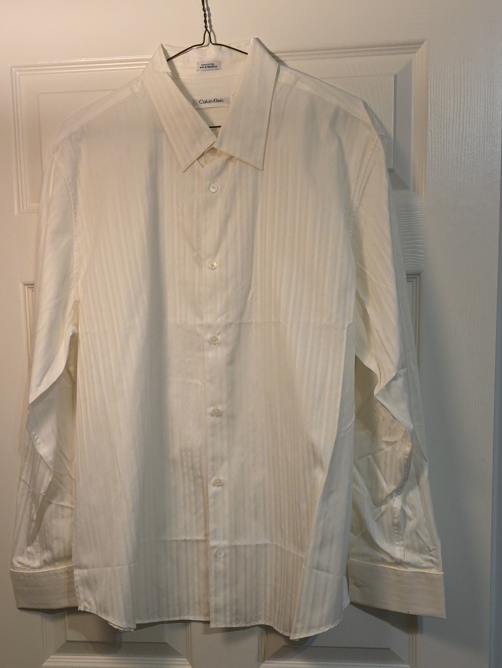 CALVIN KLEIN ..Calvin Klein Men's Ivory-White Pinstripe Dress Shirt